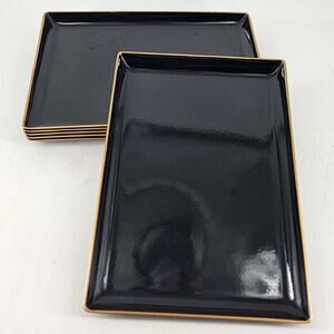 Vintage set of 6 Horchow black gold lacquer small Tray sushi plate set Japan